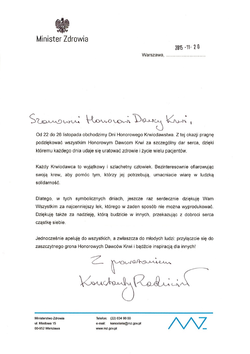 Życzenia Minister Zdrowia